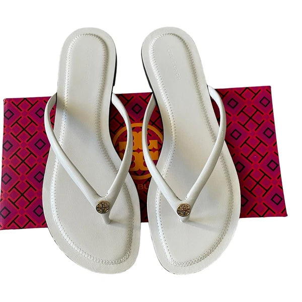 Tory Burch Women Chelsea Leather Flip Flop Thong Sandals Light Cream Sz 7.5 NEW