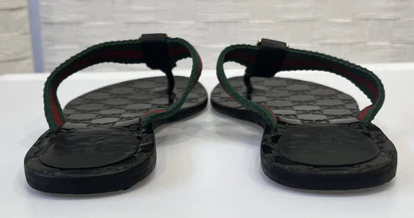 Gucci GG Web Stripe Thong Sandals EU 36 US 6 Black Flat Flip Flop Slide Slipper