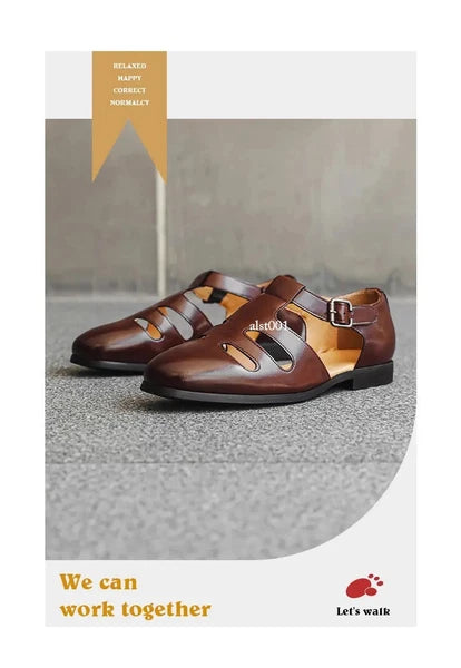 Roman Style Mens Closed Toe Sandals Hollow Out Buckle Flat Business Formal Dress