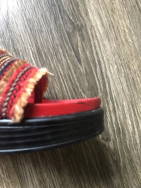 Donald Pliner  Fiji Red Leather Fringe Womens Platform Wedge Slide Sandals 10
