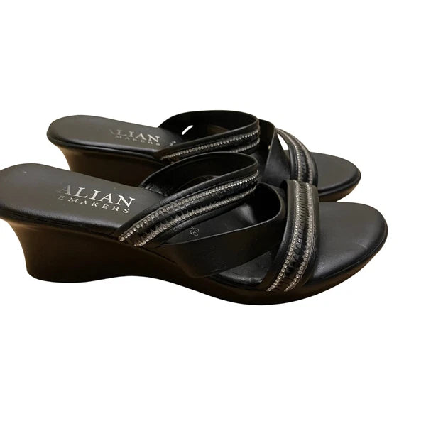 Italian Makers Black Rhinestone Wedge Sandals Slides Made in Italy 6.5