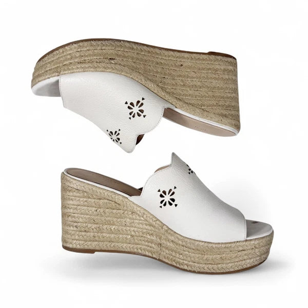 Kate Spade White Leather Espadrille Wedge Sandals 8.5 Floral Cut Out Designer