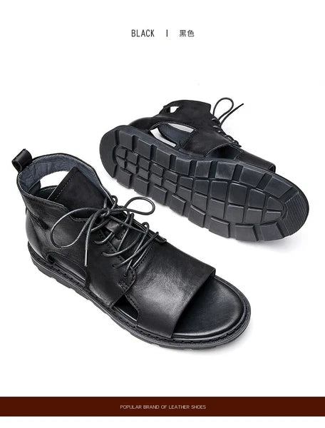 Roman Style Open Toe Sandals Ankle Boots Beach Real Leather Men Shoes Hollow Out