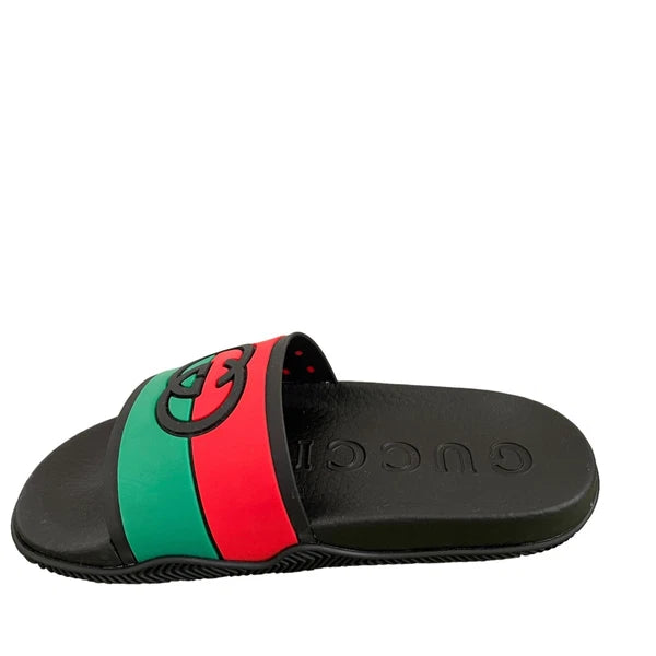 Authentic GUCCI Women's Interlocking G Slide Sandal Black Red Green Size 37 NEW
