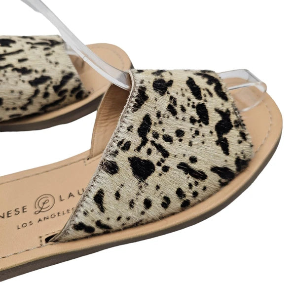 Chinese Laundry Moonshine Slide Sandals 6 Leather Cow Print Calf Hair Flat Comfy