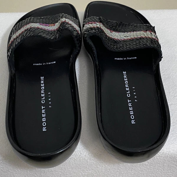 Robert Clergerie Paris Sandals Women's 7 Black Leather Multi Sequin Platform