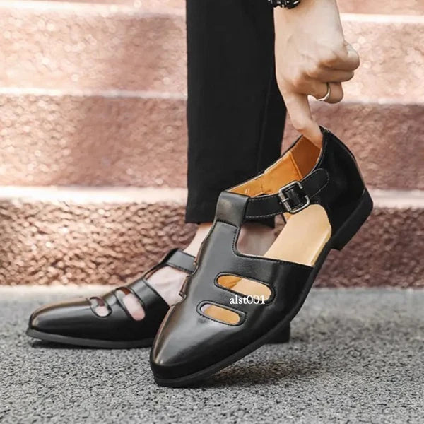 Roman Style Mens Closed Toe Sandals Hollow Out Buckle Flat Business Formal Dress