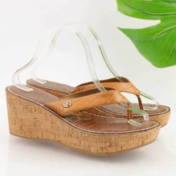 Sam Edelman Women's Romy Sandal Size 9.5 Wedge Platform Tan Croc Thong Slide