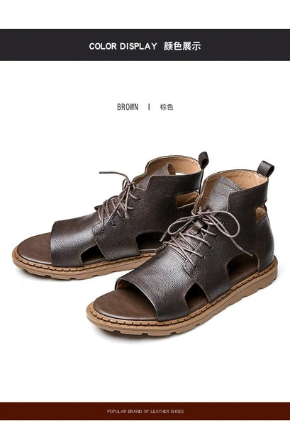 Roman Style Open Toe Sandals Ankle Boots Beach Real Leather Men Shoes Hollow Out