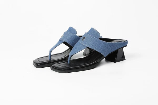 New Womens High Block Heel Slippers Sandals Summer Fashion Square Toe Mules Size