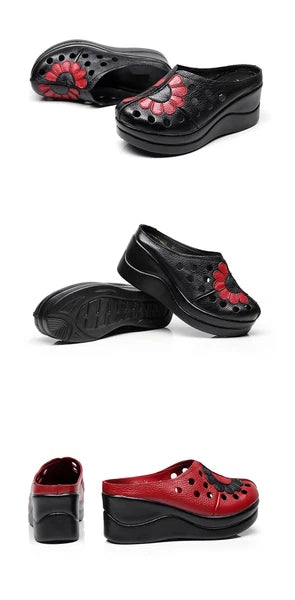 Ethnic Style Leather Women Shoes Sandals Platform wedges Slides Summer Slipper