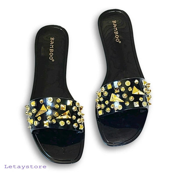 NWT Bamboo Stud Embellished Jelly Flat Slides Sandals   6,7,8