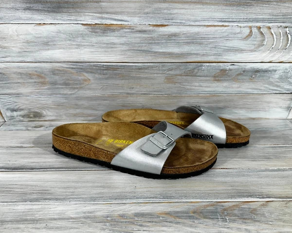 Birkenstock Madrid Birko-Flor Silver Womens Leather Slide Sandals