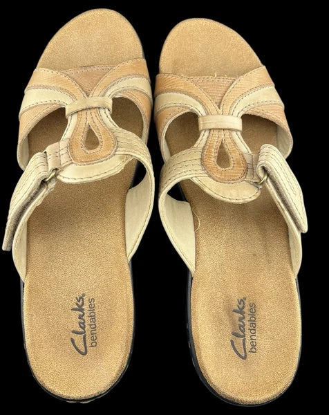 Clarks Bendables Sandals Women's Sz 10m Tan & Cream Leather Open Toe Hook/Loop