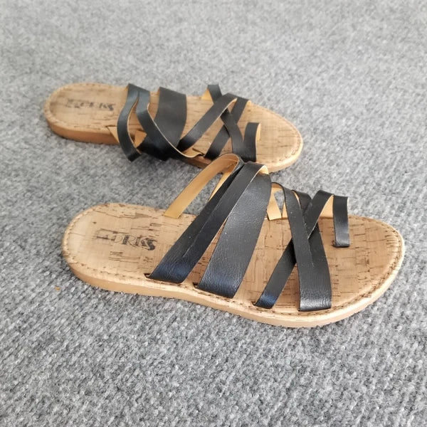 Korks Women US 9M Strappy Sandals Solid Black Straps with Beige Soles Slides *
