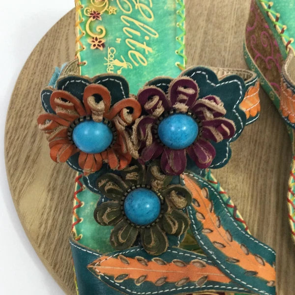 Corkys Elite Bay Leather Beaded Flower Slide Wedge Sandals Blue Green Artsy Sz 9