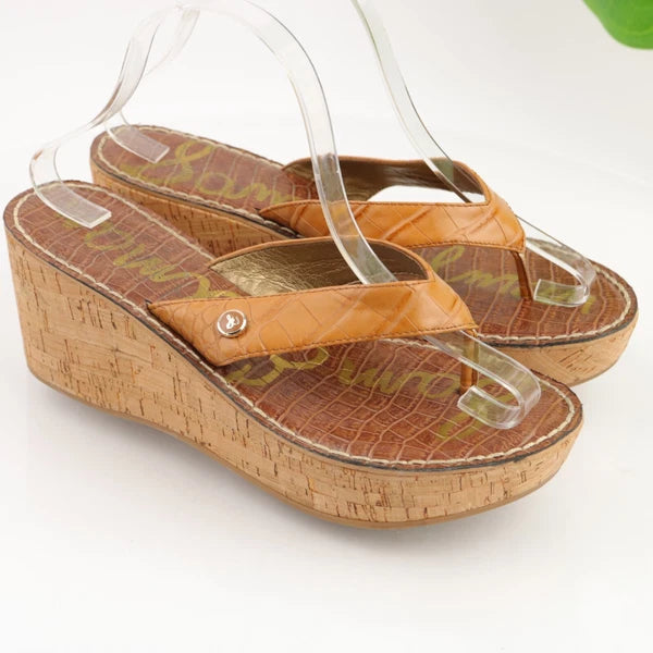 Sam Edelman Women's Romy Sandal Size 9.5 Wedge Platform Tan Croc Thong Slide