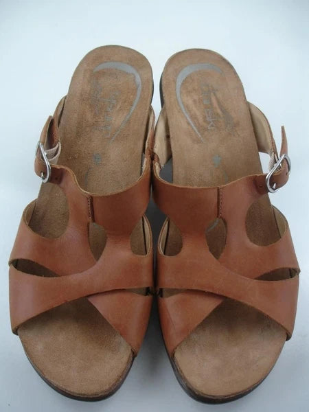 Women's 7.5 8 sz 38 Dansko Kai Tan Brown Leather Slide Sandals Clog Slip-On Heel