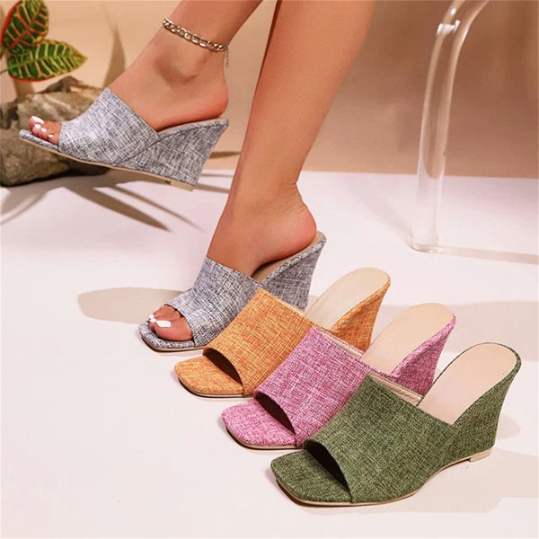 Women's Wedge Sandals Fashion Square Open Toe Mules Summer Casual Dressy Slides