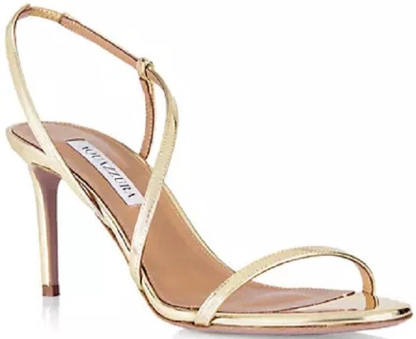 New AQUAZZURA $750 Shiny Gold Metallic Strappy Stiletto Sling Sandal Italy EU 37