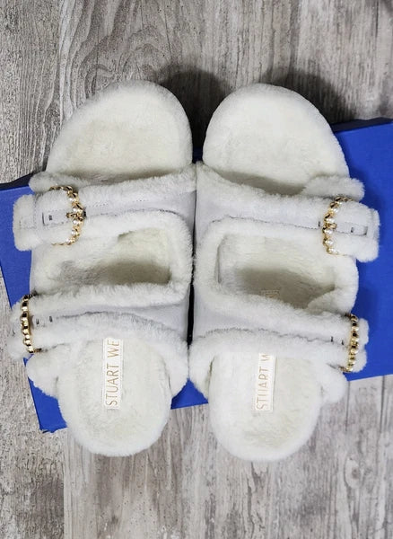 STUART WEITZMAN Piper Chill Slide Sandal Pearl White Shearling Suede Size 9.5
