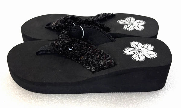 Wedge Sandals Women Flip Flops Rhinestone Sparkle Black Beaded Floral Size 9/10