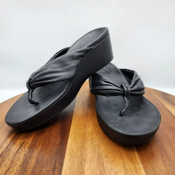 Vionic Arabella Thong Wedge Sandals 11 Black Leather Flip Flop Platform Support