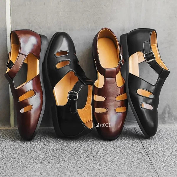 Roman Style Mens Closed Toe Sandals Hollow Out Buckle Flat Business Formal Dress