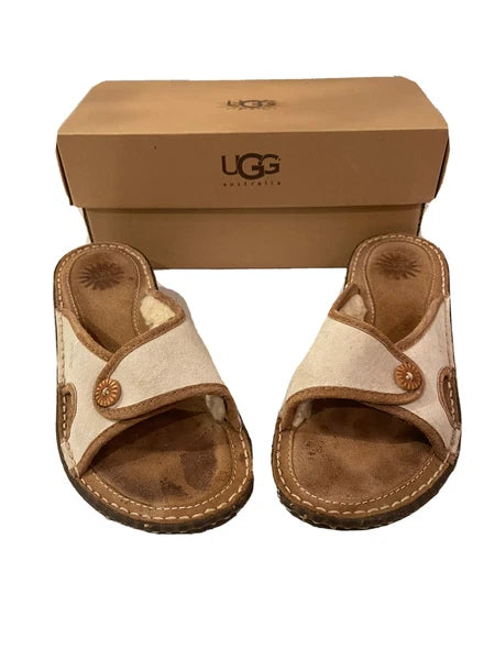 Uggs Australia Kalama Brown Cream Sheepskin Slides Womens 7 Shoes Sandals