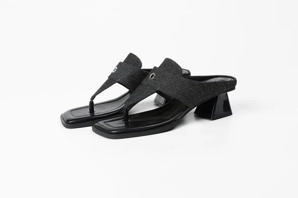 New Womens High Block Heel Slippers Sandals Summer Fashion Square Toe Mules Size