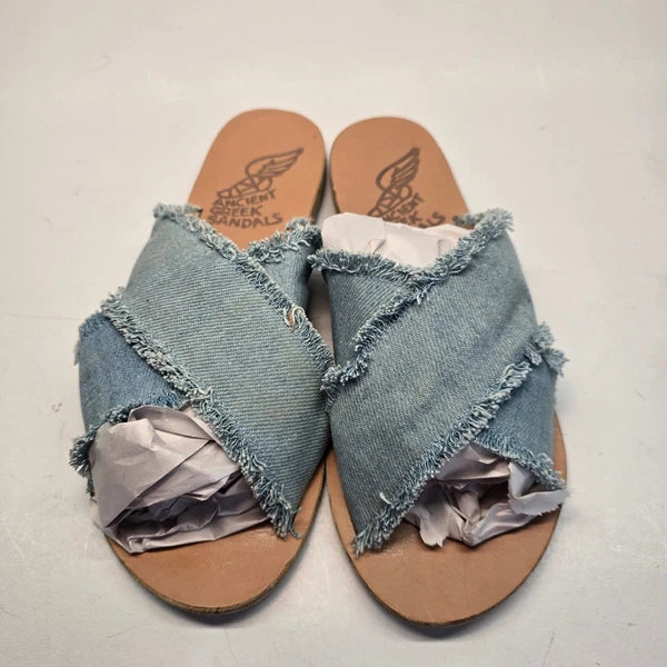 Ancient Greek Sandals Women's Size 8  Denim Frayed Slide Slip Ons Handmade Flats