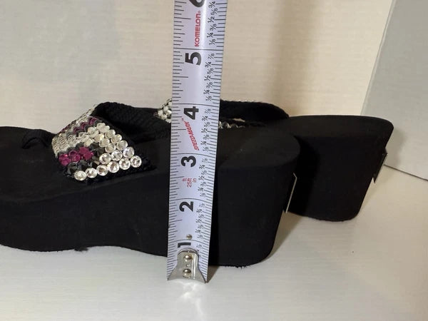 Bedazzled Crystal Y2K Black Flip Flop Wedge Pink And Black Women’s SZ 8