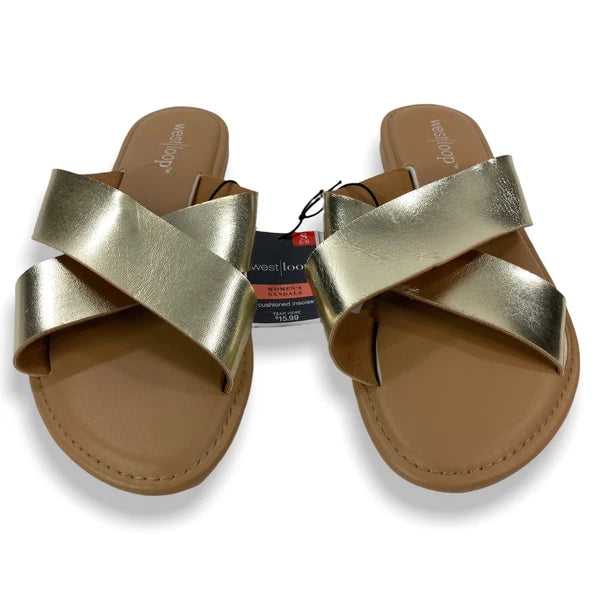WOMEN'S SMALL (5/6) Metallic Gold Casual Flat Crossover Slide Sandals Cushioned