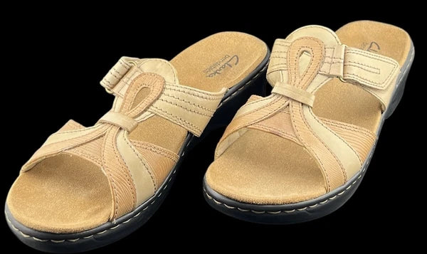 Clarks Bendables Sandals Women's Sz 10m Tan & Cream Leather Open Toe Hook/Loop