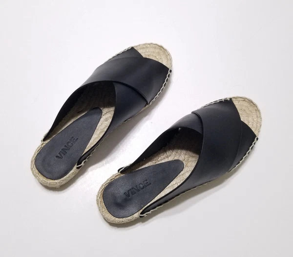 NIB Vince Castel Leather Crisscross Flat Espadrille Slide Sandal Black Sz 5 $225