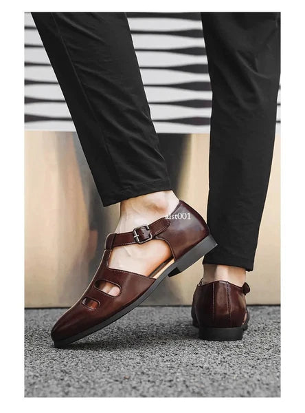 Roman Style Mens Closed Toe Sandals Hollow Out Buckle Flat Business Formal Dress