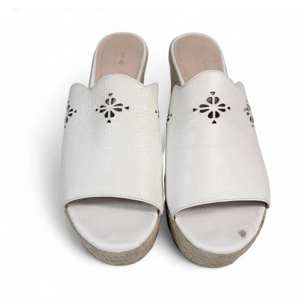Kate Spade White Leather Espadrille Wedge Sandals 8.5 Floral Cut Out Designer