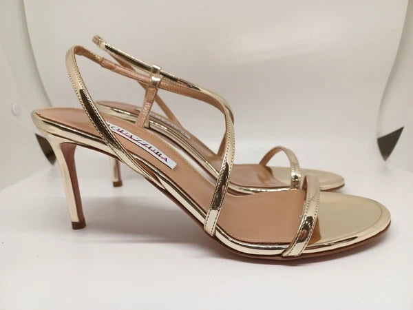 New AQUAZZURA $750 Shiny Gold Metallic Strappy Stiletto Sling Sandal Italy EU 37