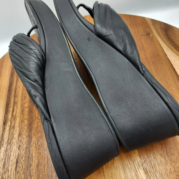 Vionic Arabella Thong Wedge Sandals 11 Black Leather Flip Flop Platform Support