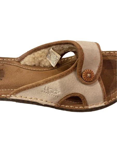 Uggs Australia Kalama Brown Cream Sheepskin Slides Womens 7 Shoes Sandals
