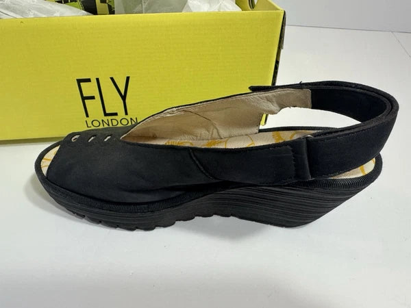 Fly London Women's Shoe Size 38 EU 7 US Cupido Black YEAY387FLY Wedge Sandal