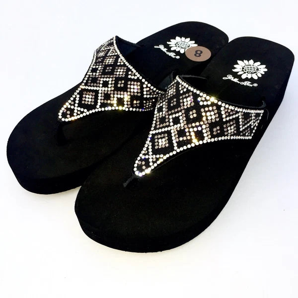 Yellow Box Suki Flip Flops Rhinestone Sparkle Jeweled Beaded Wedge Sandals Women