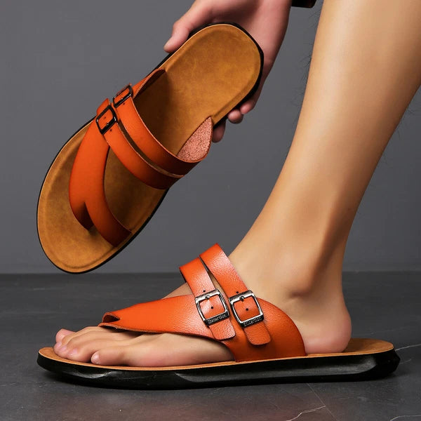 2025 Men's Clip Toe Flat Beach Summer Holiday Sandals Casual Faux Leather Shoes