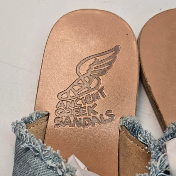 Ancient Greek Sandals Women's Size 8  Denim Frayed Slide Slip Ons Handmade Flats