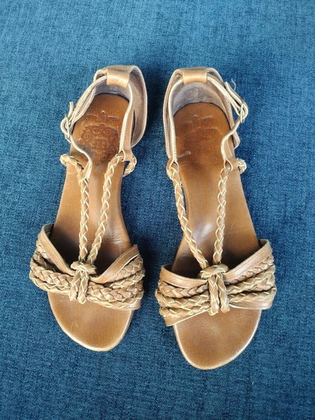 ELF Braided Leather Slides Sandals 8 Brown Leather Handmade Flat Straps
