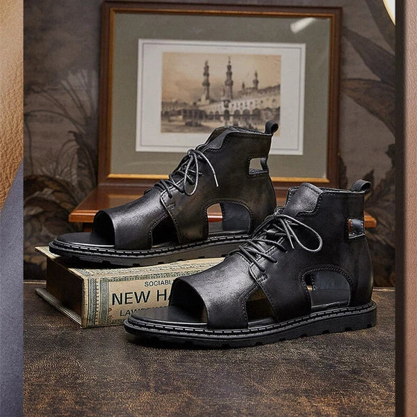 Roman Style Open Toe Sandals Ankle Boots Beach Real Leather Men Shoes Hollow Out