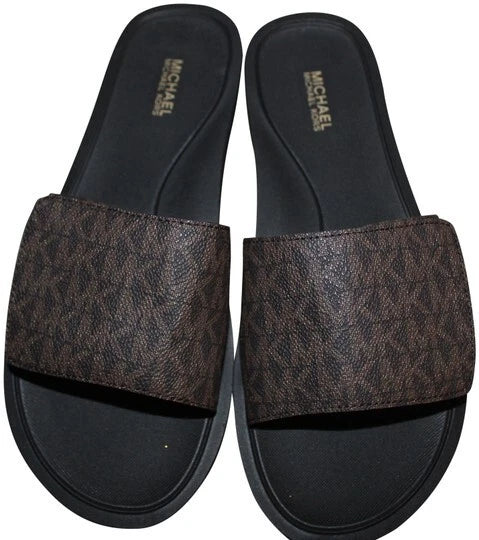 Michael Kors Wade Slide MK Signature Logo Sandals Adjust Closure Brown SZ 9 New
