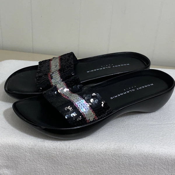 Robert Clergerie Paris Sandals Women's 7 Black Leather Multi Sequin Platform
