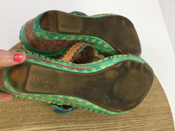 Corkys Elite Bay Leather Beaded Flower Slide Wedge Sandals Blue Green Artsy Sz 9