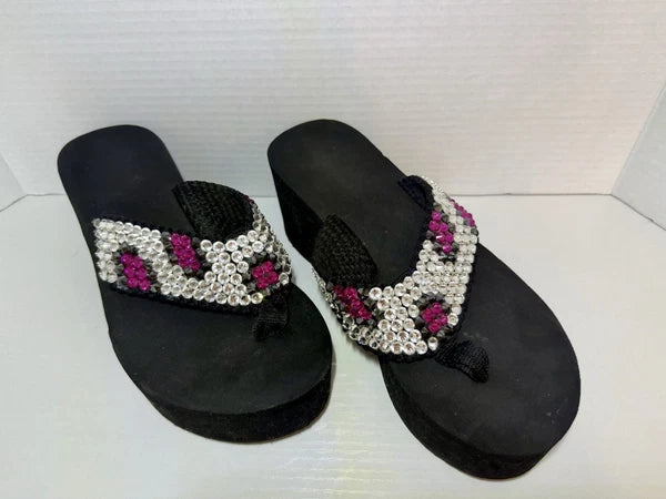 Bedazzled Crystal Y2K Black Flip Flop Wedge Pink And Black Women’s SZ 8